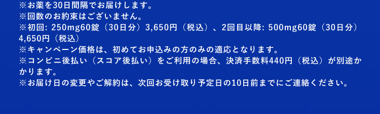 ※お薬を30日間隔でお届けします。 ※回数のお約束はございません。 ※初回：250mg60錠（30日分）3,650円（税込）、2回目以降：500mg60錠（30日分）4,650円（税込） ※キャンペーン価格は、初めてお申込みの方のみの適応となります。 ※コンビニ後払い（スコア後払い）をご利用の場合、決済手数料440円（税込）が別途かかります。 ※お届け日の変更やご解約は、次回お受け取り予定日の10日前までにご連絡ください。