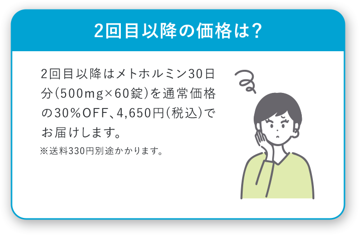 2回目以降の価格は？ 2回目以降はメトホルモン30日分(500mg×60錠)を通常価格の30%OFF、4,650円(税込)でお届けします。※送料330円別途かかります。