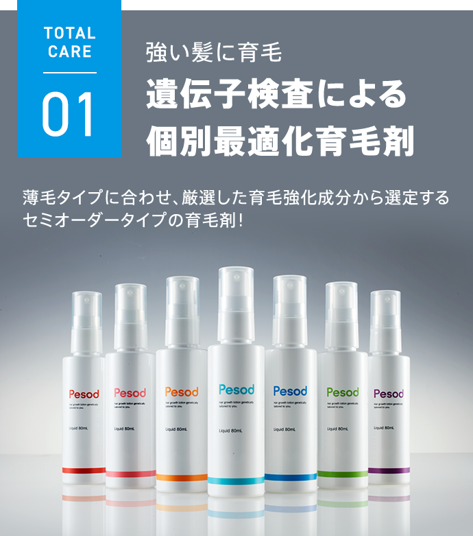 TOTAL CARE 01 強い髪に育毛 遺伝子検査による個別最適化育毛剤 薄毛タイプに合わせ、厳選した育毛強化成分から選定するセミオーダータイプの育毛剤！