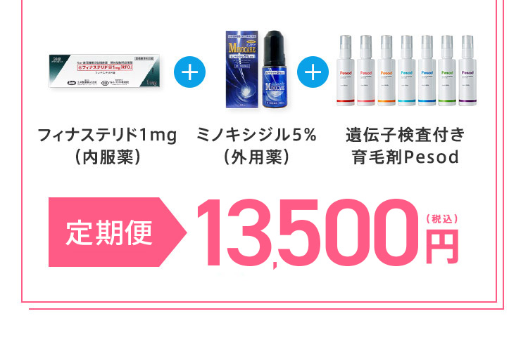 フィナステリド1mg(内服薬) + ミノキシジル5％(外用薬) + 遺伝子検査付き育毛剤Pesod 初月半額 2ヶ月目 13,500 円(税込) 