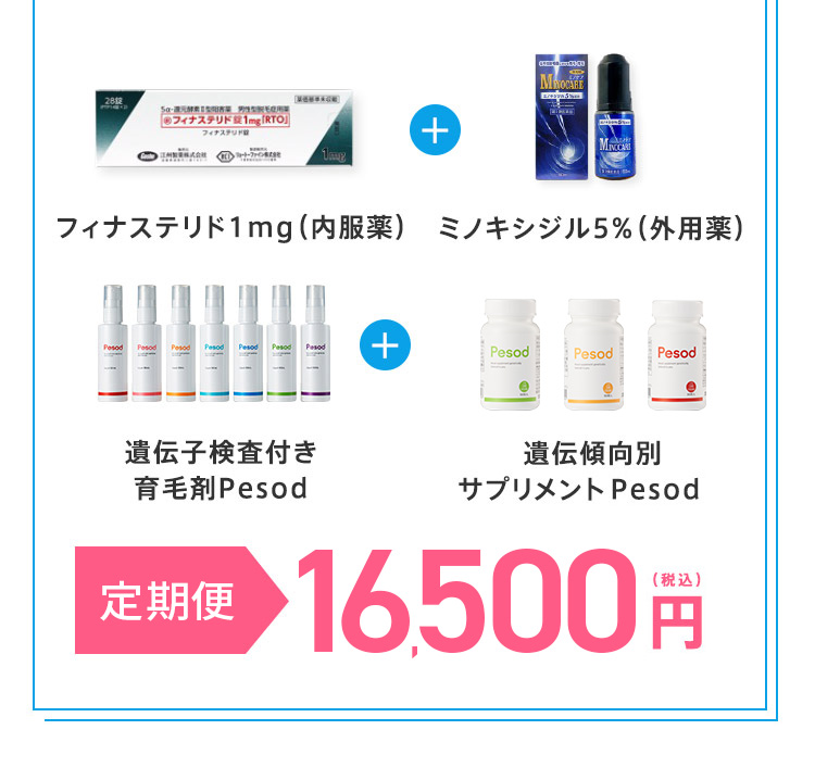 フィナステリド1mg(内服薬) + ミノキシジル5％(外用薬) 遺伝子検査付き育毛剤Pesod + 遺伝傾向別サプリメントPersona 初月半額(税込) 2ヶ月目  16,500円(税込)