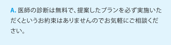 A.医師の診断は無料で、提案したプランを必ず実施いただくというお約束はありませんのでお気軽にご相談ください。