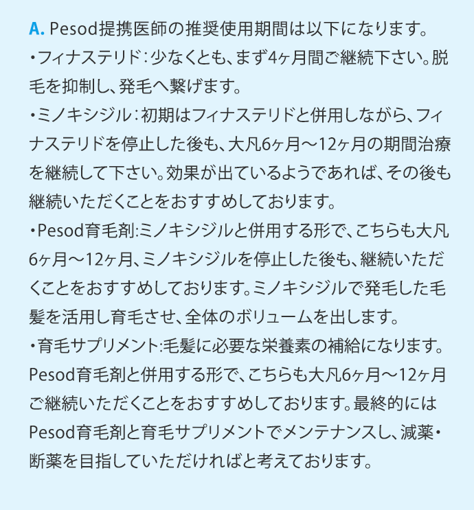 A.Pesod提携医師の推奨使用期間は以下になります。 ・フィナステリド：少なくとも、まず4ヶ月間継続下さい。脱毛を抑制し、発毛へ繋げます。 ・ミノキシジル：初期はフィナステリドと併用しながら、フィナステリドを停止した後も、大凡6ヶ月から12ヶ月の期間治療を継続して下さい。効果が出ているようであれば、その後も継続いただくことをおすすめしております。 ・Pesod育毛剤：ミノキシジルと併用する形で、こちらも大凡6ヶ月から12ヶ月、ミノキシジルを停止した後も、継続いただくことをおすすめしております。ミノキシジルで発毛した毛髪を活用し育毛させ、全体のボリュームを出します。 ・育毛サプリメント：毛髪に必要な栄養素の補給になります。Pesod育毛剤と併用する形で、こちらも大凡6ヶ月から12ヶ月ご継続いただくことをおすすめしております。最終的にはPesod育毛剤と育毛サプリメントでメンテナンスし、減薬・断薬を目指していただければと考えております。