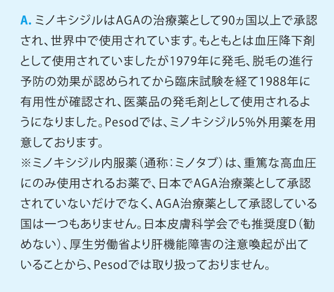 A.ミノキシジルはAGAの治療薬として90ヵ国以上で承認され、世界中で使用されています。もともとは血圧降下剤として使用されていましたが1979年に発毛、脱毛の進行予防の効果が認められてから臨床試験を経て1988年に有用性が確認され、医薬品の発毛剤として使用されるようになりました。Pesodでは、ミノキシジル5％外用薬を用意しております。 ※ミノキシジル内服薬(通称：ミノタブ) は、重篤な高血圧にのみ使用されるお薬で、日本でAGA治療薬として承認されていないだけでなく、AGA治療薬として承認している国は一つもありません。日本皮膚科学会でも推奨度D(勧めない)、労働省より肝機能障害の注意喚起が出て厚生いることから、Pesodでは取り扱っておりません。