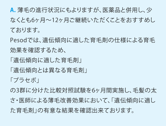 A.薄毛の進行状況にもよりますが、医薬品と併用し、少くなくとも6ヶ月から12ヶ月ご継続いただくことをおすすめしております。Pesodでは、遺伝傾向に適した育毛剤の仕様による育毛効果を確認するため、「遺伝傾向に適した育毛剤」「遺伝傾向とは異なる育毛剤」「プラセボ」の3群に分けた比較対照試験を6ヶ月間実施し、毛髪の太さ・医師による薄毛改善効果において、「遺伝傾向に適した育毛剤」の有意な結果を確認出来ております。